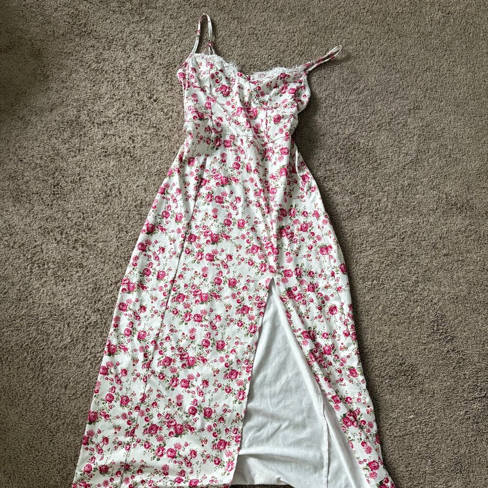 White Pink Floral Maxi Dress | Side Slit | Size Small